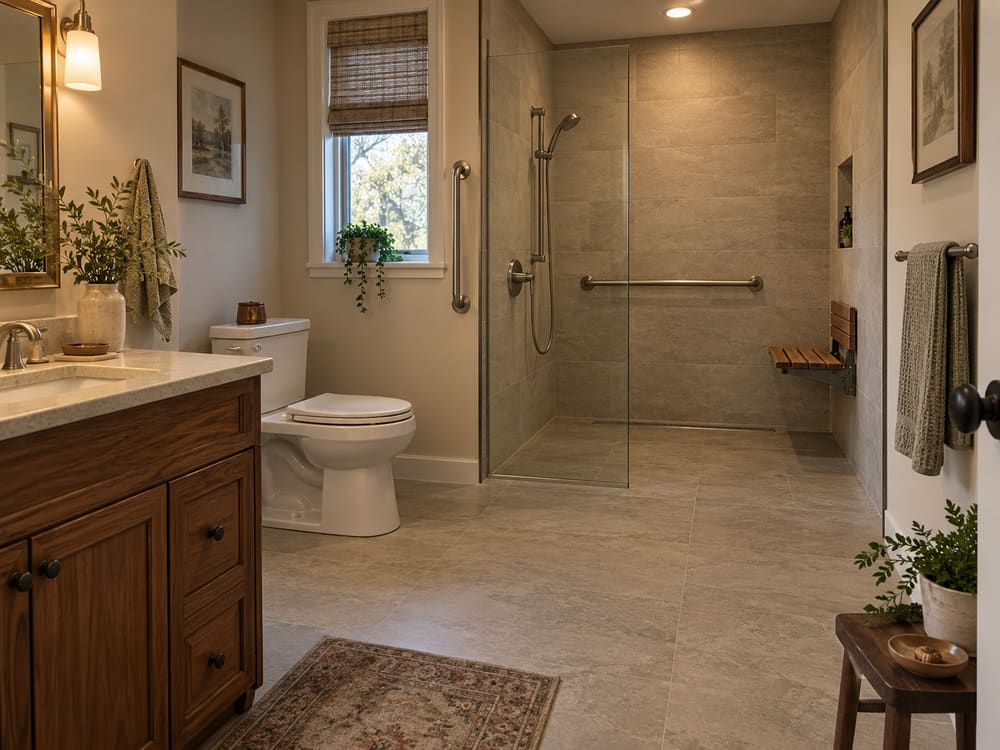 Accessible bathroom with a low-threshold shower, grab bars matching the other fixtures, a hand shower on a slide bar and a comfort-height toilet