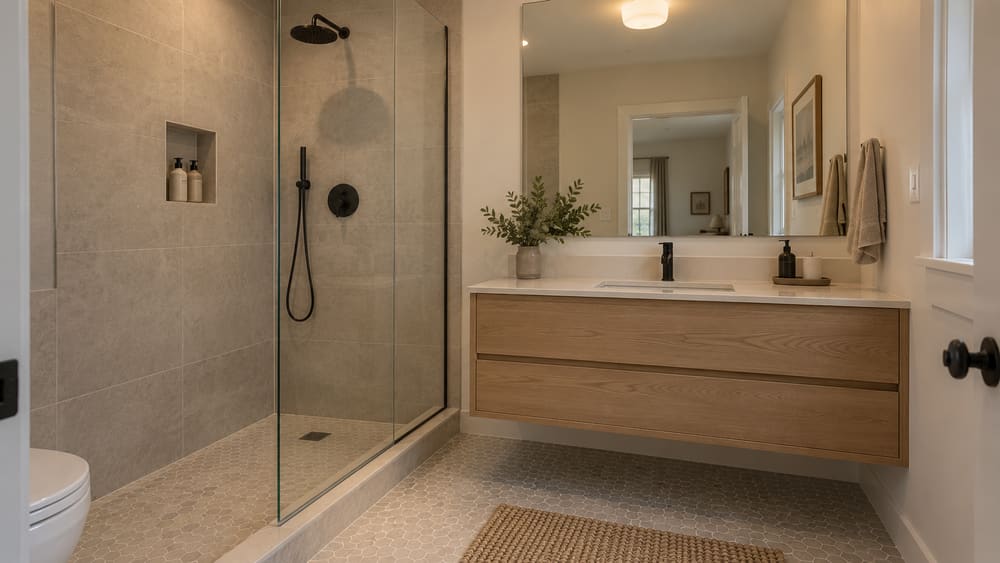Remodeled bathroom with a glass-panelled walk-in shower, a recessed niche and a floating oak vanity