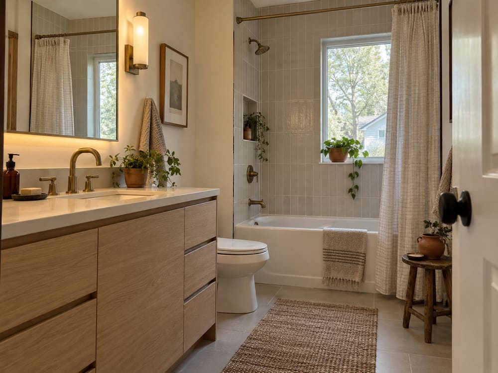 Bathroom remodeling in Springfield, NJ: a floating oak vanity, a tiled tub surround and brass fixtures