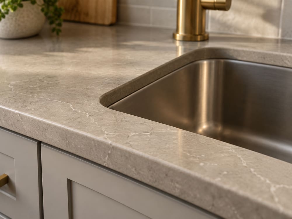 Quartz countertop edge at an undermount stainless sink, showing the polished cutout and eased edge profile