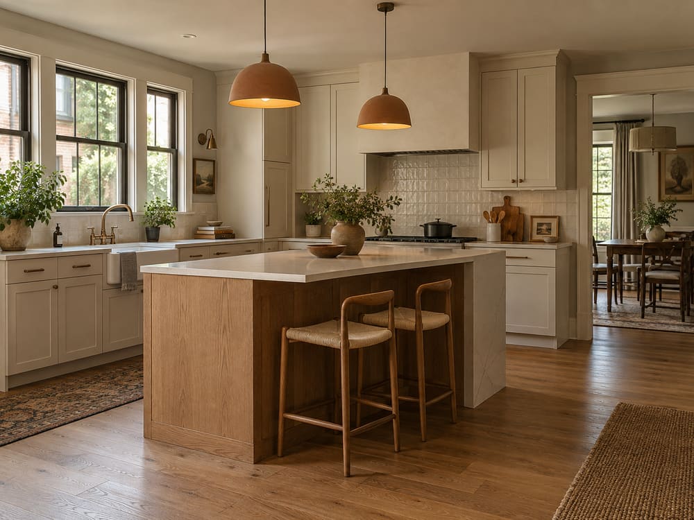 Kitchen island with a stone top, a seating overhang with stools and two pendant lights above