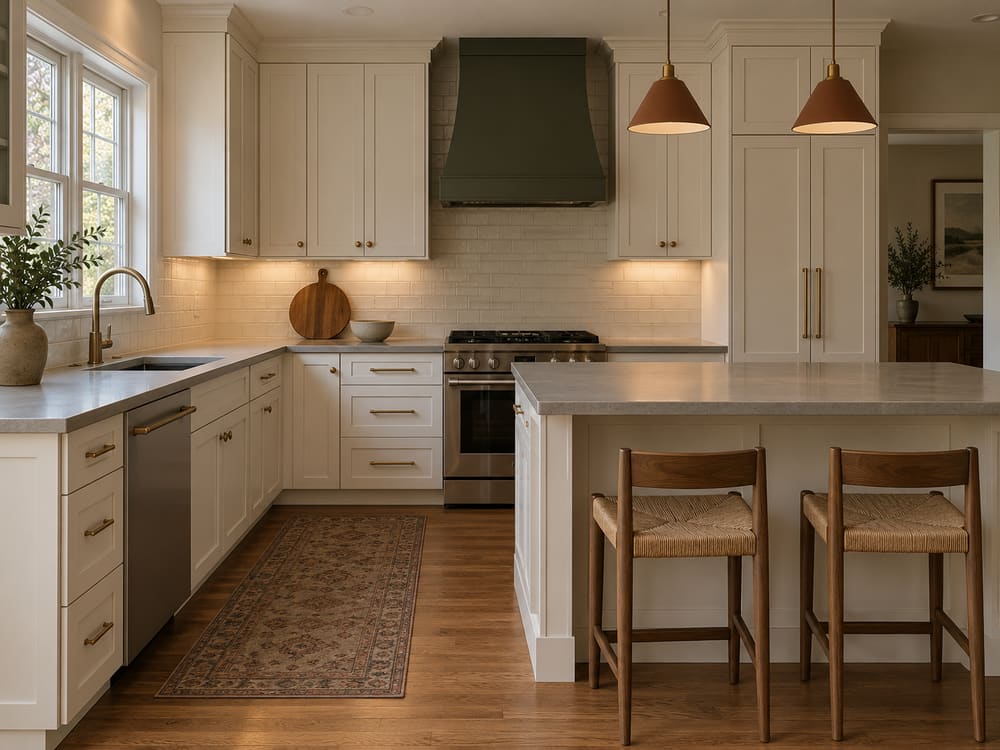 Remodeled kitchen with warm white shaker cabinetry, brass hardware, a quartz-topped island with stools and a ducted range hood