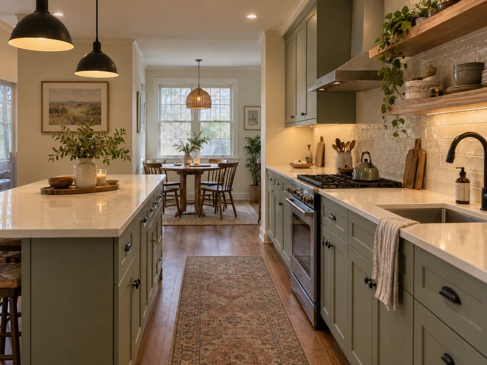 Kitchen remodeling in Union, NJ: sage green base cabinets, black pendant lighting and a galley layout opening to the dining area
