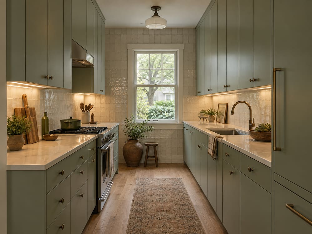 Galley kitchen in sage green cabinetry with upper cabinets run to the ceiling and undercabinet lighting