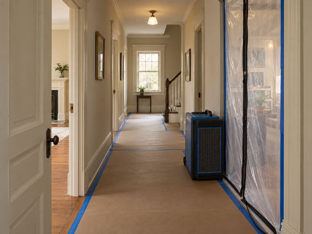 Home protected before demolition, with hardboard floor protection taped down and a plastic containment wall sealing a doorway