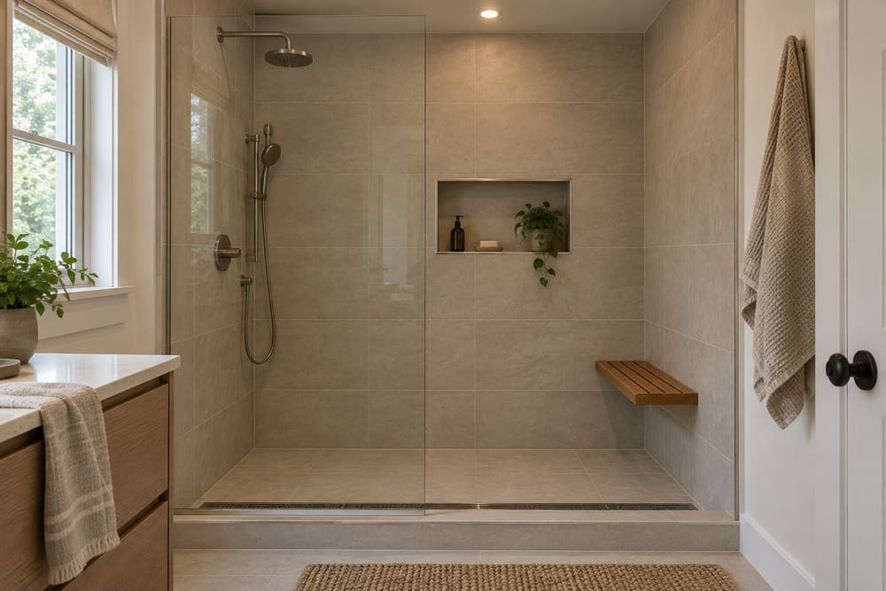 Walk-in shower with a low curb, a fixed glass panel, a built-in bench and a recessed niche